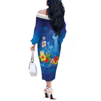 Fiji Jellyfish Off The Shoulder Long Sleeve Dress Tapa Patterns and Hibiscus Sea Vibe