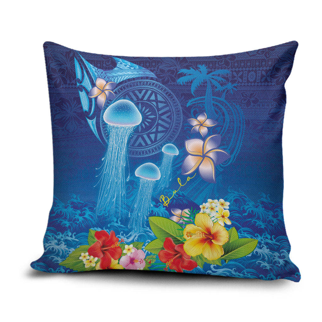 Fiji Jellyfish Pillow Cover Tapa Patterns and Hibiscus Sea Vibe