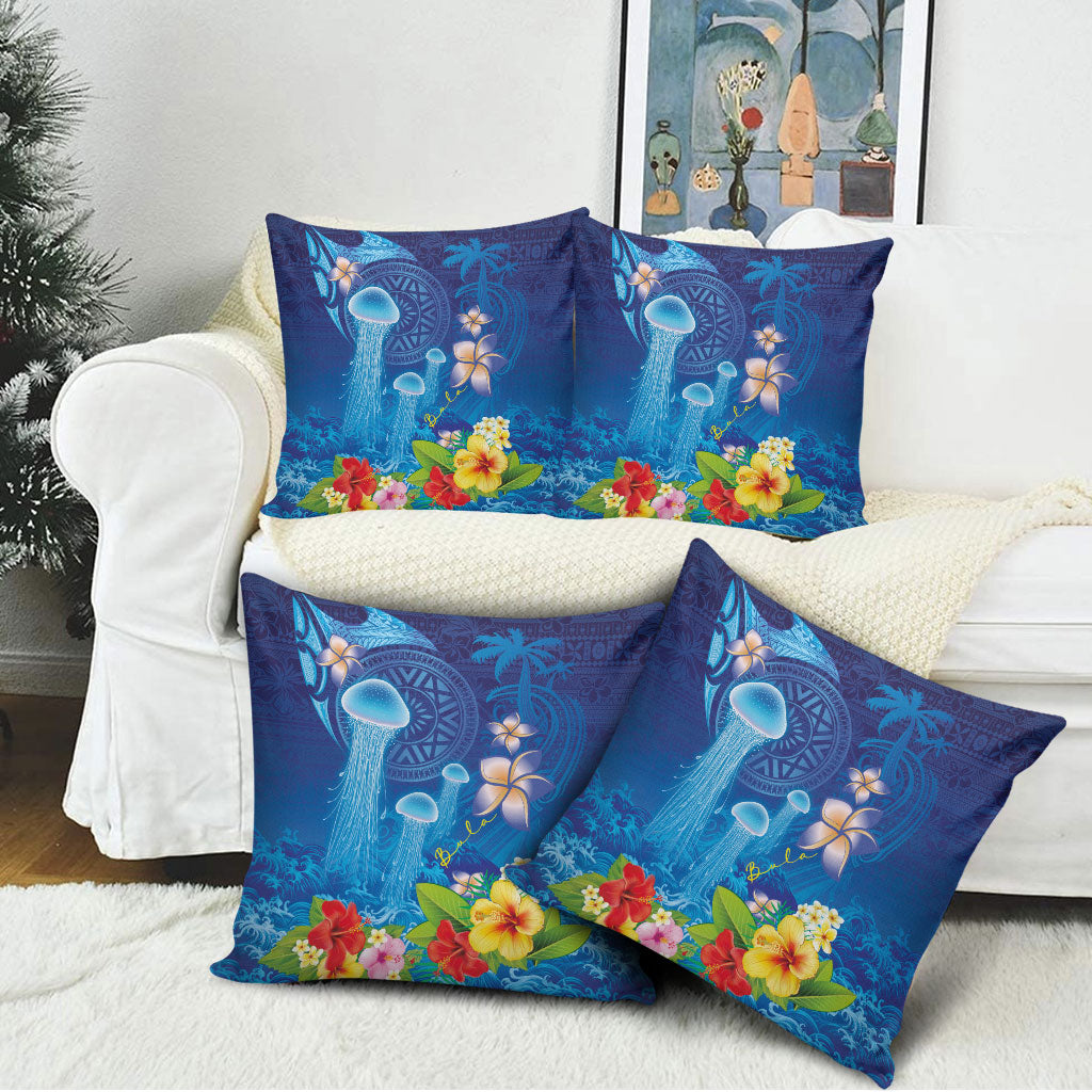 Fiji Jellyfish Pillow Cover Tapa Patterns and Hibiscus Sea Vibe