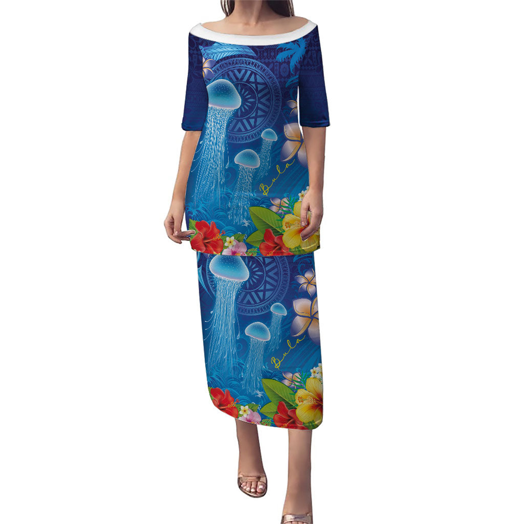 Fiji Jellyfish Puletasi Tapa Patterns and Hibiscus Sea Vibe