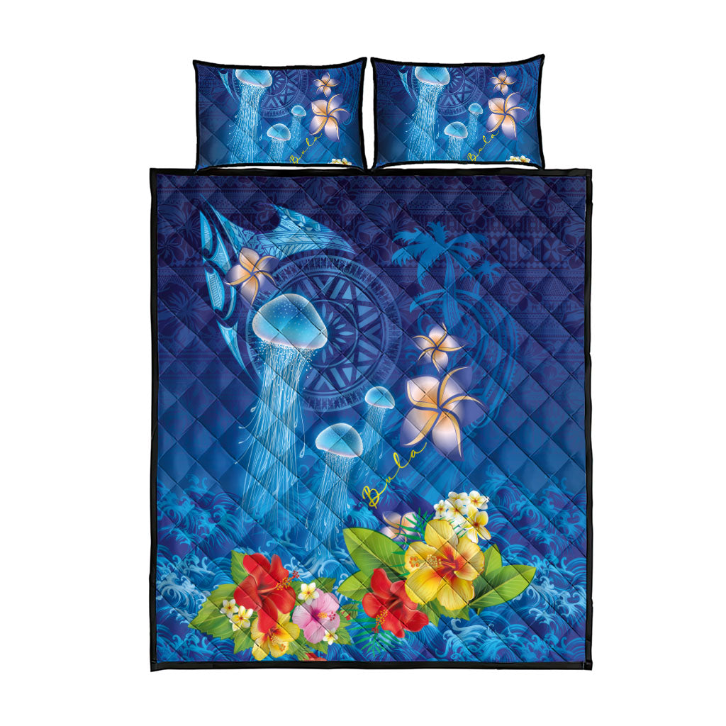 Fiji Jellyfish Quilt Bed Set Tapa Patterns and Hibiscus Sea Vibe