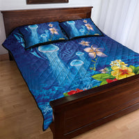 Fiji Jellyfish Quilt Bed Set Tapa Patterns and Hibiscus Sea Vibe