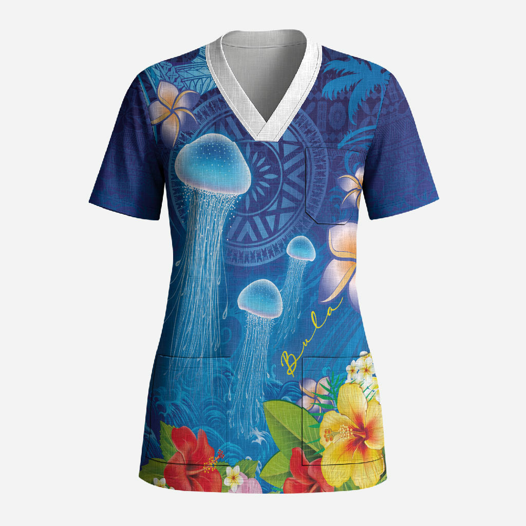 Fiji Jellyfish Scrub Top Tapa Patterns and Hibiscus Sea Vibe