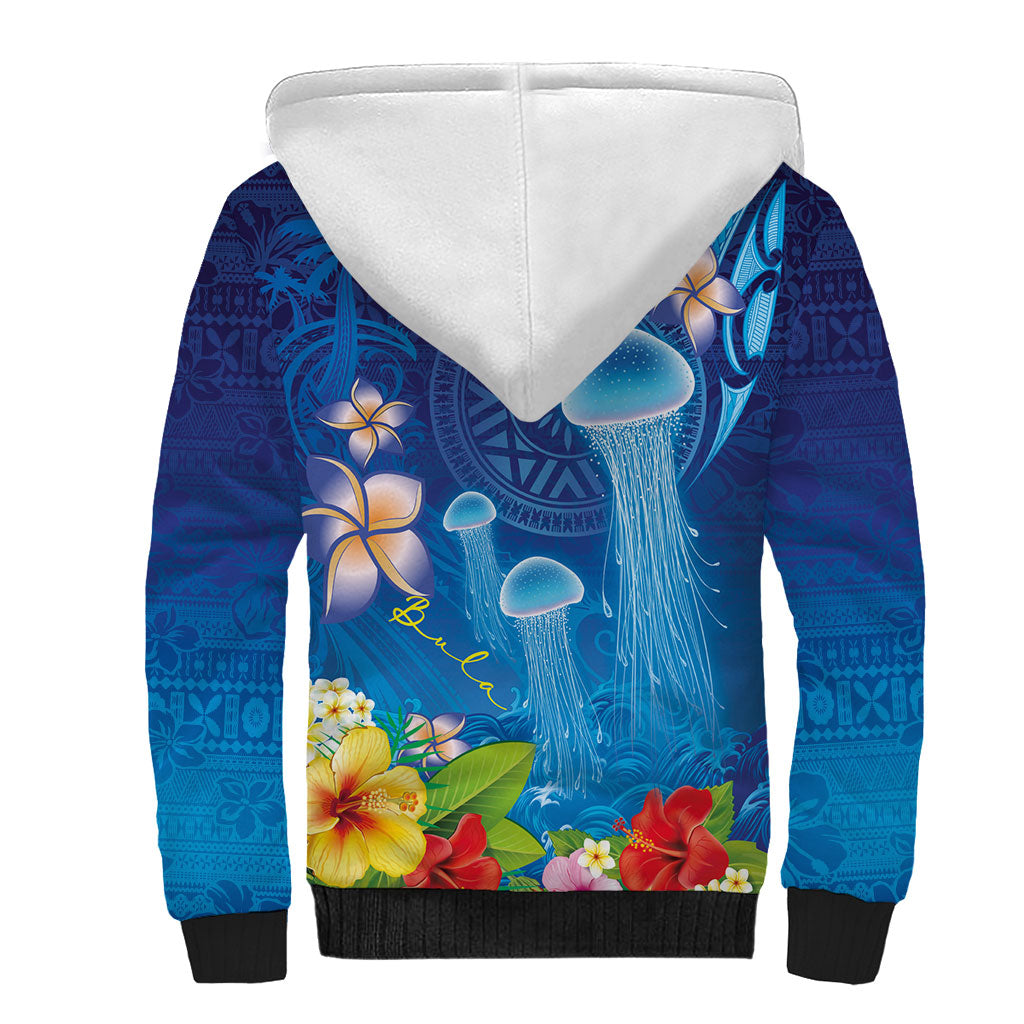 Fiji Jellyfish Sherpa Hoodie Tapa Patterns and Hibiscus Sea Vibe