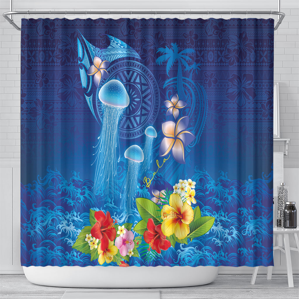Fiji Jellyfish Shower Curtain Tapa Patterns and Hibiscus Sea Vibe