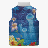 Fiji Jellyfish Sleeveless Puffer Jacket Tapa Patterns and Hibiscus Sea Vibe