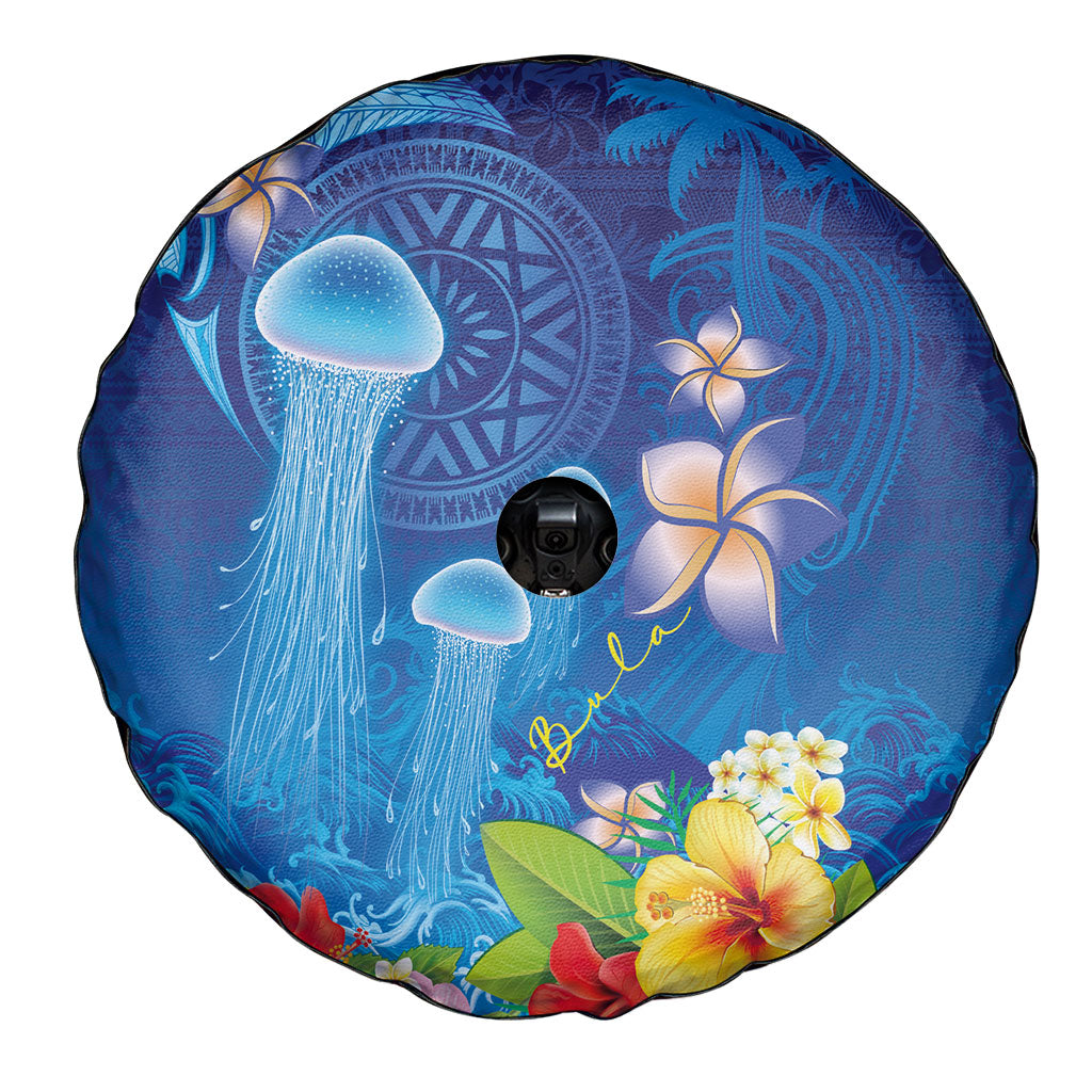 Fiji Jellyfish Spare Tire Cover Tapa Patterns and Hibiscus Sea Vibe
