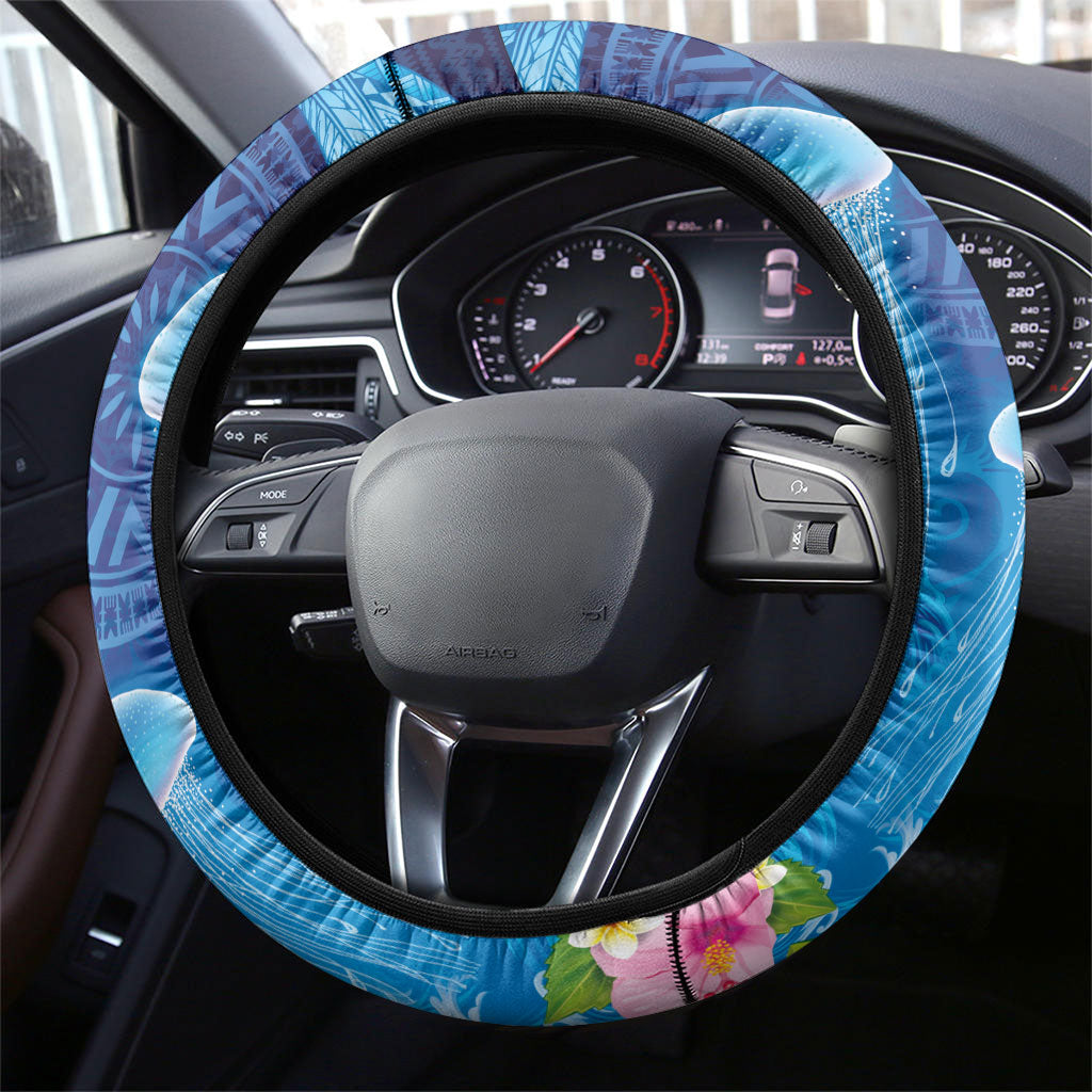 Fiji Jellyfish Steering Wheel Cover Tapa Patterns and Hibiscus Sea Vibe