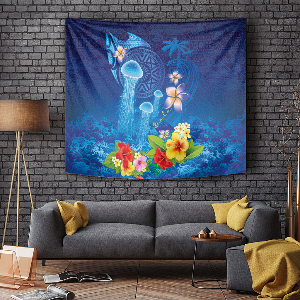 Fiji Jellyfish Tapestry Tapa Patterns and Hibiscus Sea Vibe