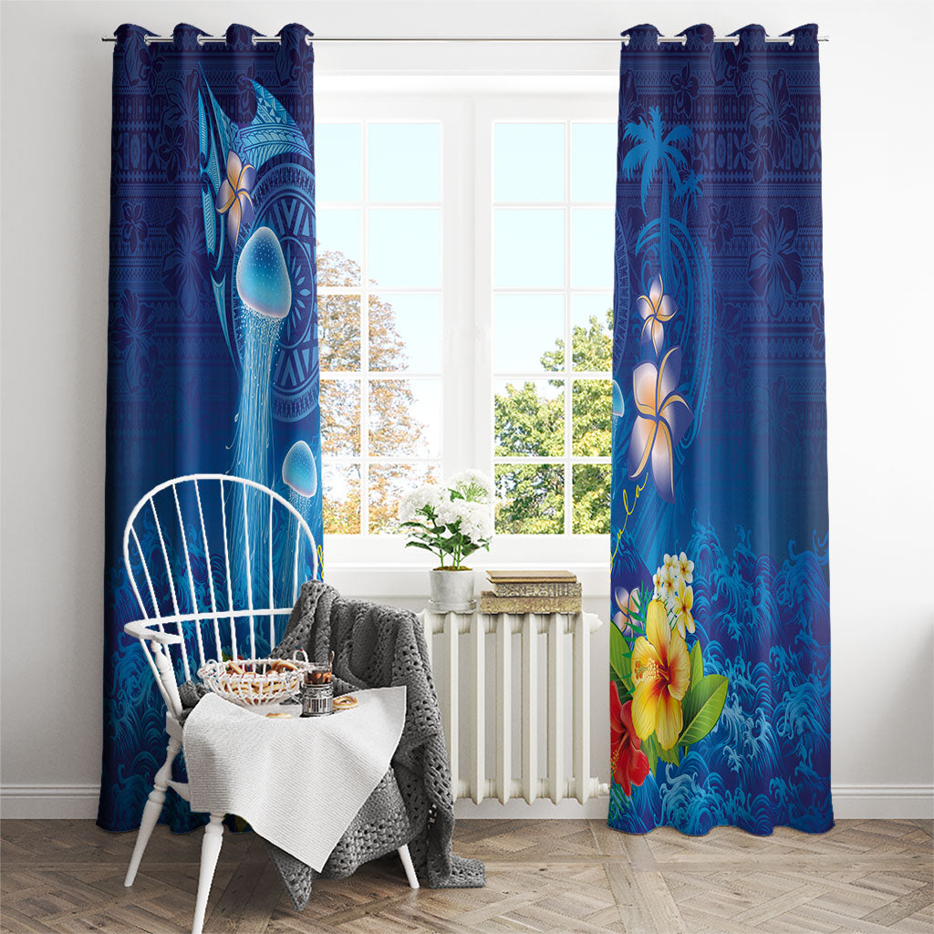 Fiji Jellyfish Window Curtain Tapa Patterns and Hibiscus Sea Vibe
