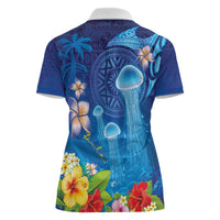 Fiji Jellyfish Women Polo Shirt Tapa Patterns and Hibiscus Sea Vibe