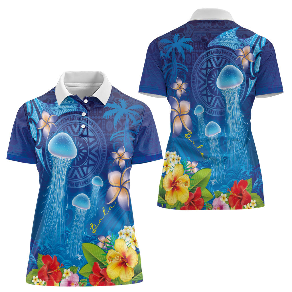 Fiji Jellyfish Women Polo Shirt Tapa Patterns and Hibiscus Sea Vibe