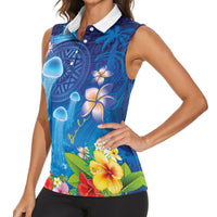 Fiji Jellyfish Women Sleeveless Polo Shirt Tapa Patterns and Hibiscus Sea Vibe