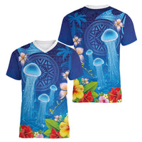 Fiji Jellyfish Women V-Neck T-Shirt Tapa Patterns and Hibiscus Sea Vibe