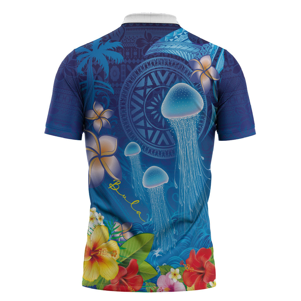 Fiji Jellyfish Zipper Polo Shirt Tapa Patterns and Hibiscus Sea Vibe