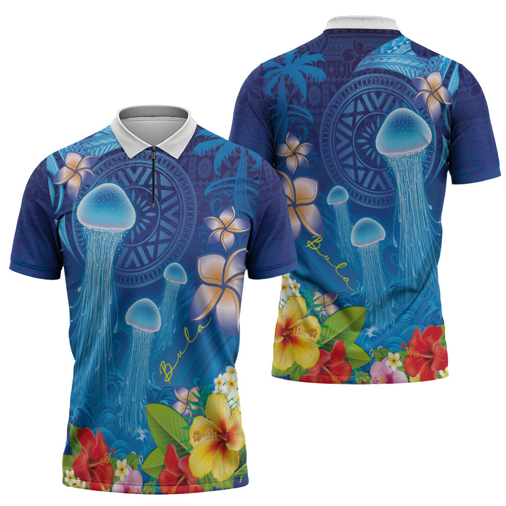 Fiji Jellyfish Zipper Polo Shirt Tapa Patterns and Hibiscus Sea Vibe