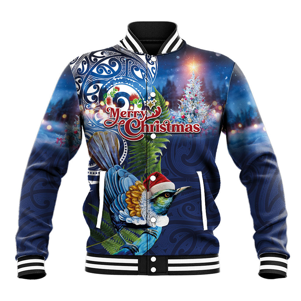 New Zealand Merry Christmas Baseball Jacket Maori Tribal Pattern with Xmas Tui Bird
