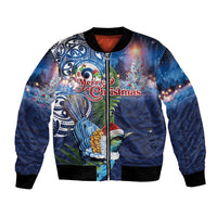 New Zealand Merry Christmas Bomber Jacket Maori Tribal Pattern with Xmas Tui Bird