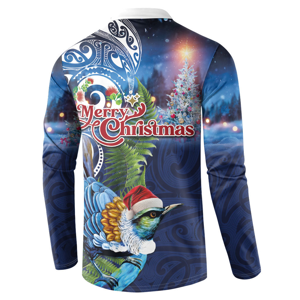 New Zealand Merry Christmas Button Sweatshirt Maori Tribal Pattern with Xmas Tui Bird