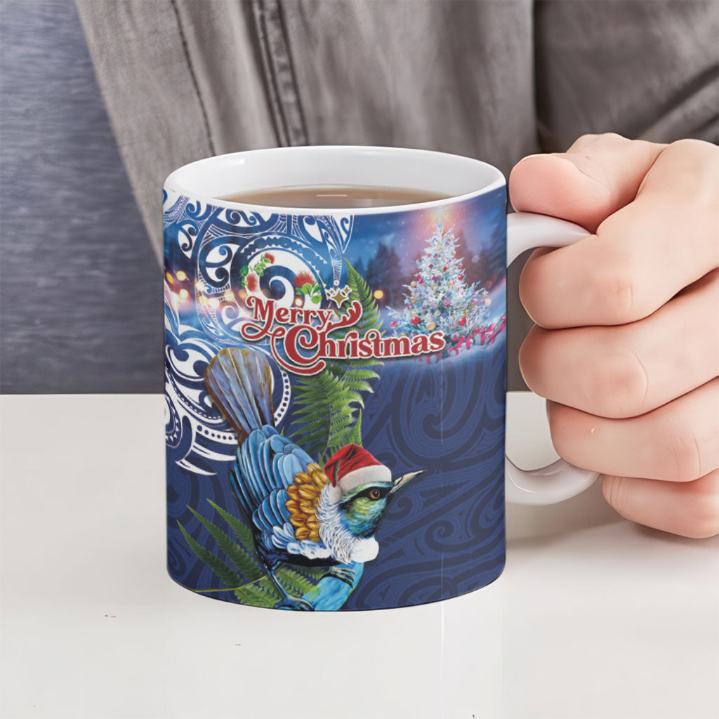New Zealand Merry Christmas Ceramic Mug Maori Tribal Pattern with Xmas Tui Bird