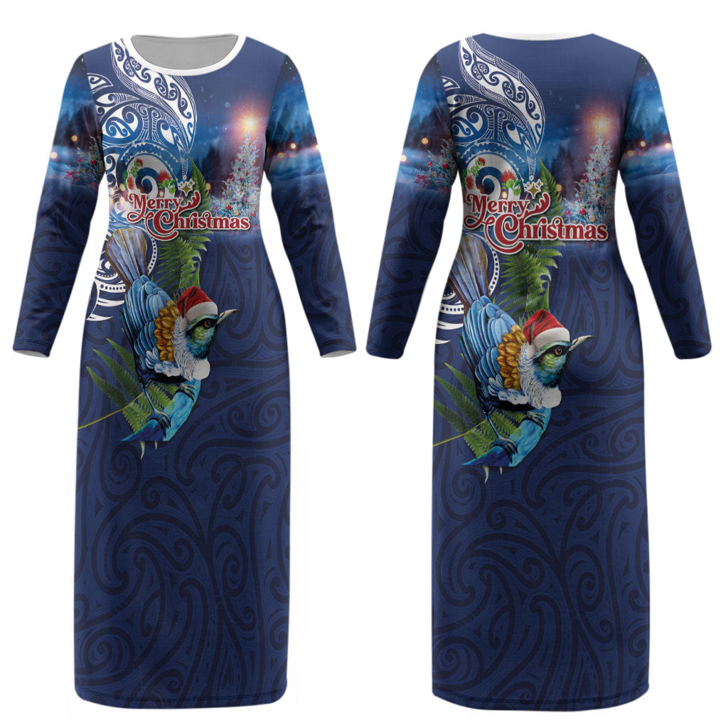 New Zealand Merry Christmas Couples Matching Long Sleeve Bodycon Dress and Hawaiian Shirt Maori Tribal Pattern with Xmas Tui Bird LT03 - Polynesian Pride