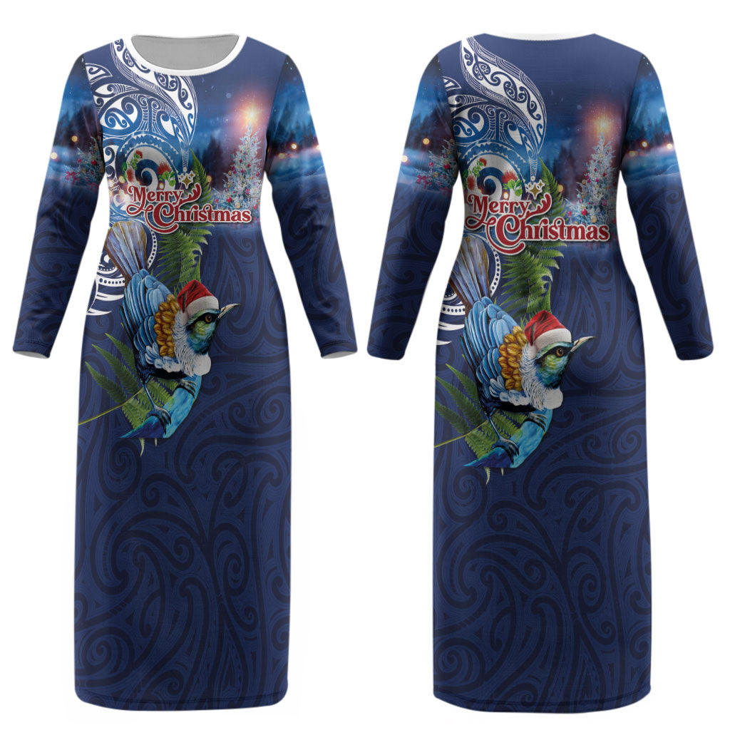 New Zealand Merry Christmas Couples Matching Long Sleeve Bodycon Dress and Long Sleeve Button Shirt Maori Tribal Pattern with Xmas Tui Bird LT03 - Polynesian Pride