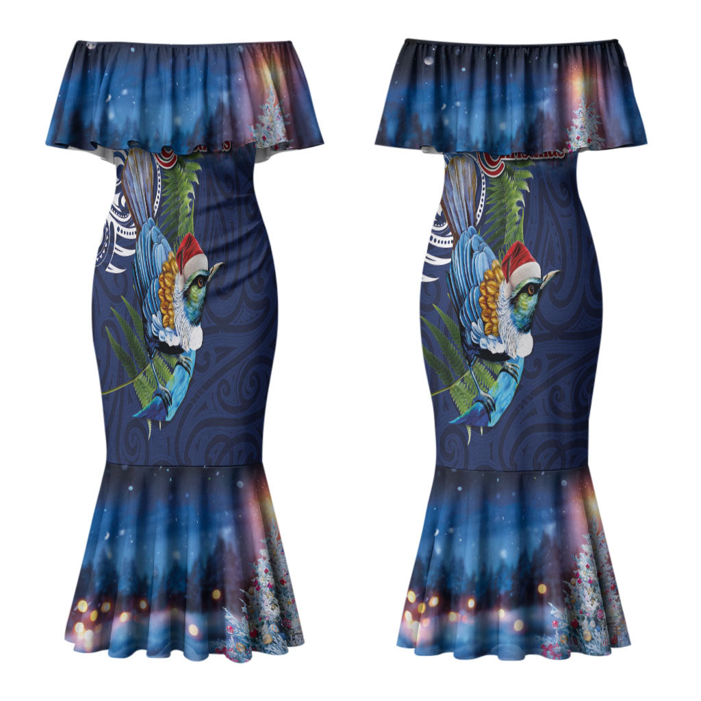 New Zealand Merry Christmas Couples Matching Mermaid Dress and Hawaiian Shirt Maori Tribal Pattern with Xmas Tui Bird LT03 - Polynesian Pride