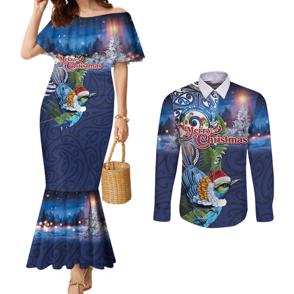 New Zealand Merry Christmas Couples Matching Mermaid Dress and Long Sleeve Button Shirt Maori Tribal Pattern with Xmas Tui Bird