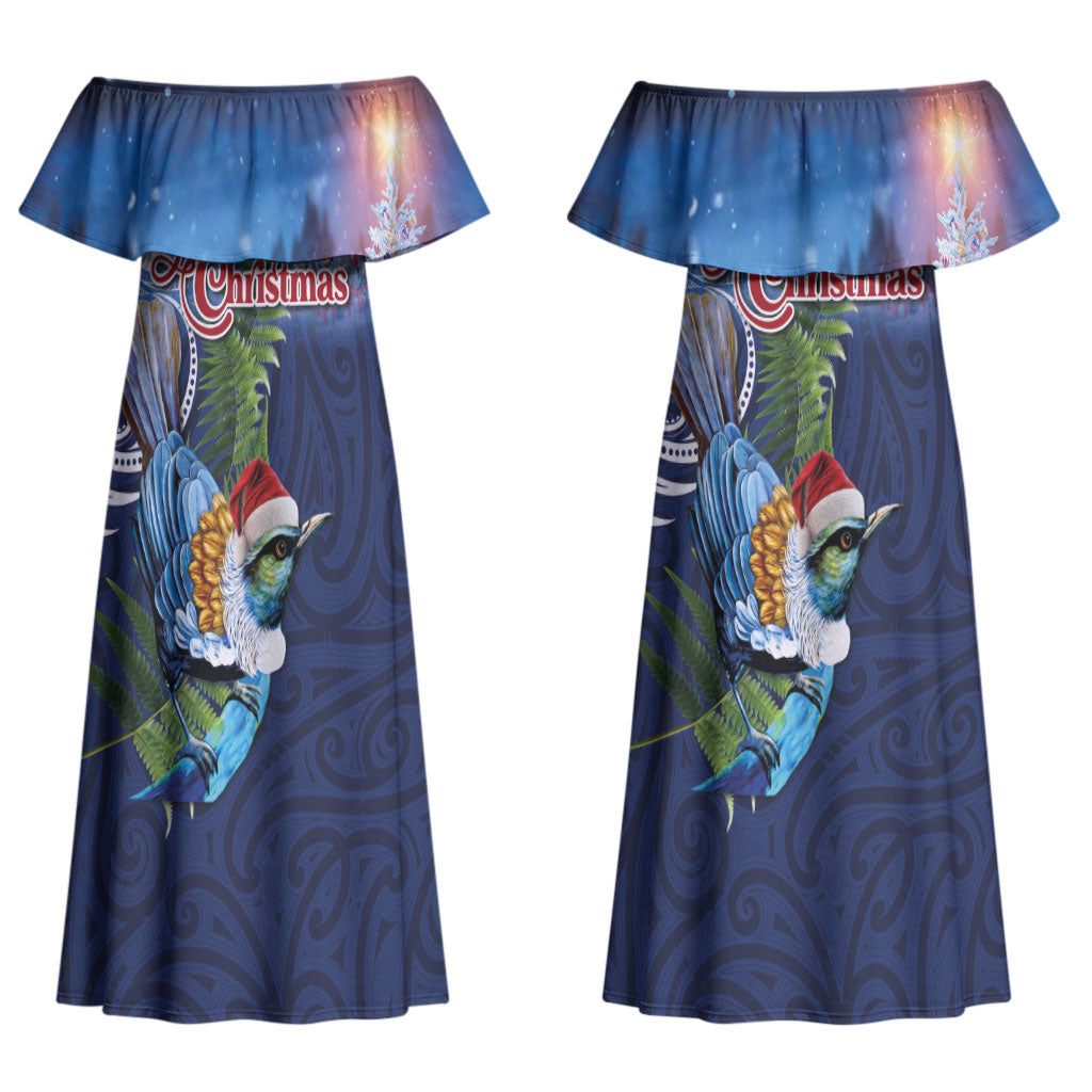 New Zealand Merry Christmas Couples Matching Off Shoulder Maxi Dress and Hawaiian Shirt Maori Tribal Pattern with Xmas Tui Bird LT03 - Polynesian Pride