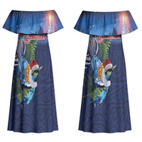 New Zealand Merry Christmas Couples Matching Off Shoulder Maxi Dress and Hawaiian Shirt Maori Tribal Pattern with Xmas Tui Bird LT03 - Polynesian Pride