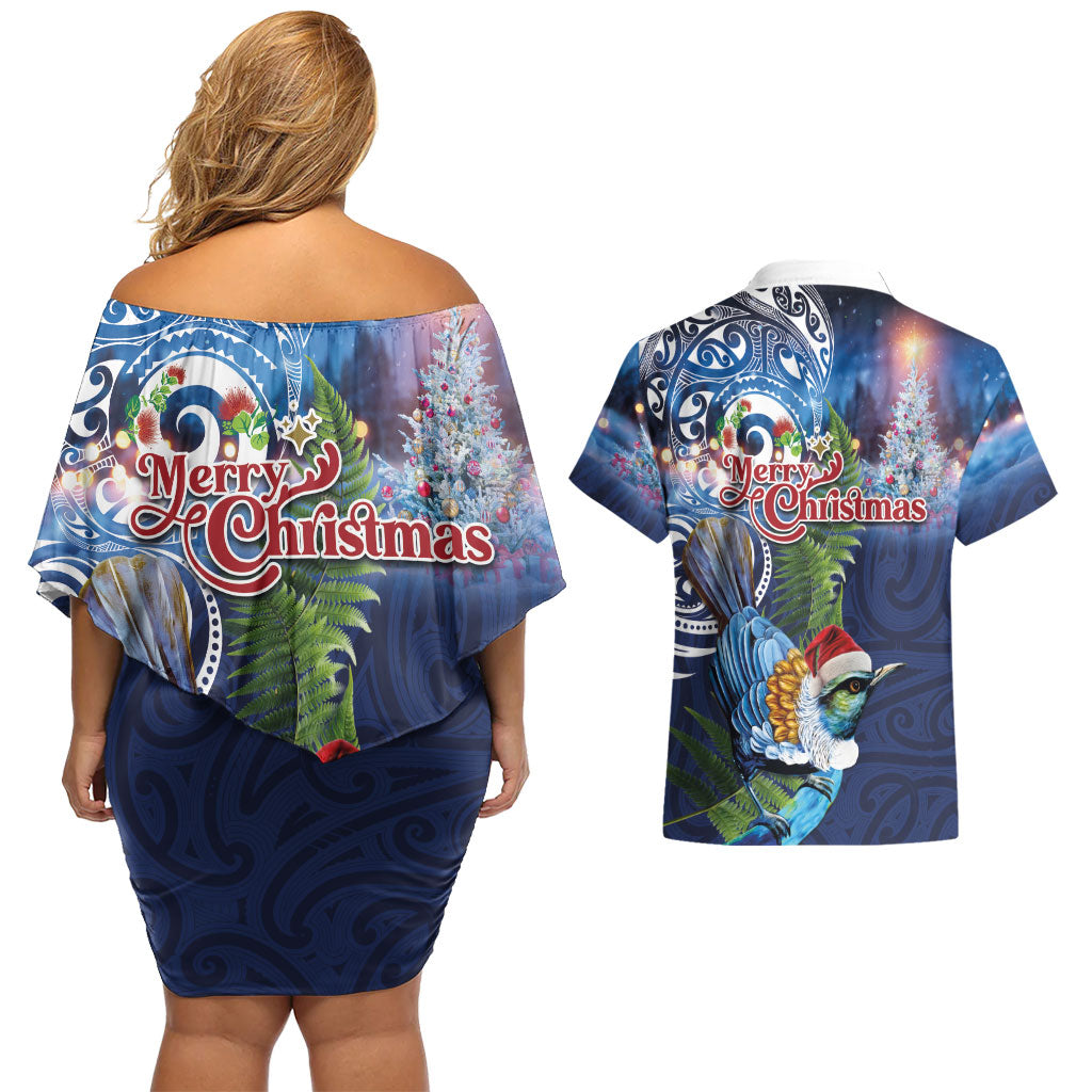 New Zealand Merry Christmas Couples Matching Off Shoulder Short Dress and Hawaiian Shirt Maori Tribal Pattern with Xmas Tui Bird LT03 - Polynesian Pride