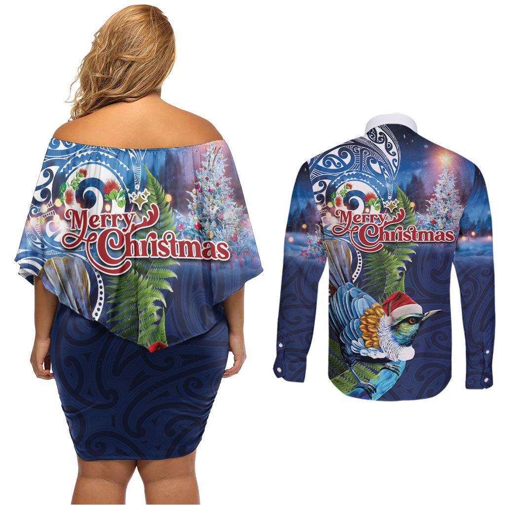 New Zealand Merry Christmas Couples Matching Off Shoulder Short Dress and Long Sleeve Button Shirt Maori Tribal Pattern with Xmas Tui Bird LT03 - Polynesian Pride