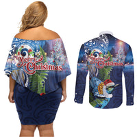New Zealand Merry Christmas Couples Matching Off Shoulder Short Dress and Long Sleeve Button Shirt Maori Tribal Pattern with Xmas Tui Bird LT03 - Polynesian Pride