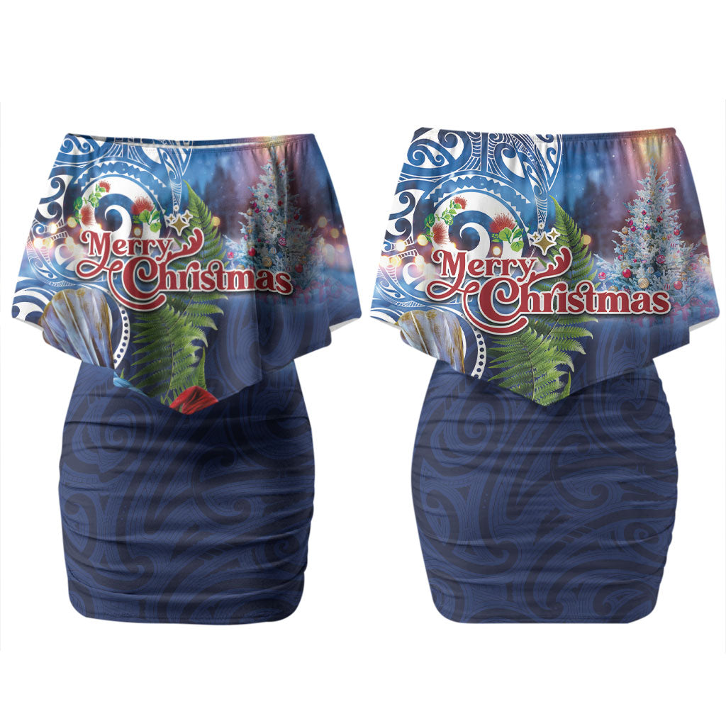 New Zealand Merry Christmas Couples Matching Off Shoulder Short Dress and Long Sleeve Button Shirt Maori Tribal Pattern with Xmas Tui Bird LT03 - Polynesian Pride