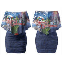 New Zealand Merry Christmas Couples Matching Off Shoulder Short Dress and Long Sleeve Button Shirt Maori Tribal Pattern with Xmas Tui Bird LT03 - Polynesian Pride