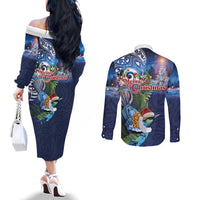 New Zealand Merry Christmas Couples Matching Off The Shoulder Long Sleeve Dress and Long Sleeve Button Shirt Maori Tribal Pattern with Xmas Tui Bird LT03 - Polynesian Pride