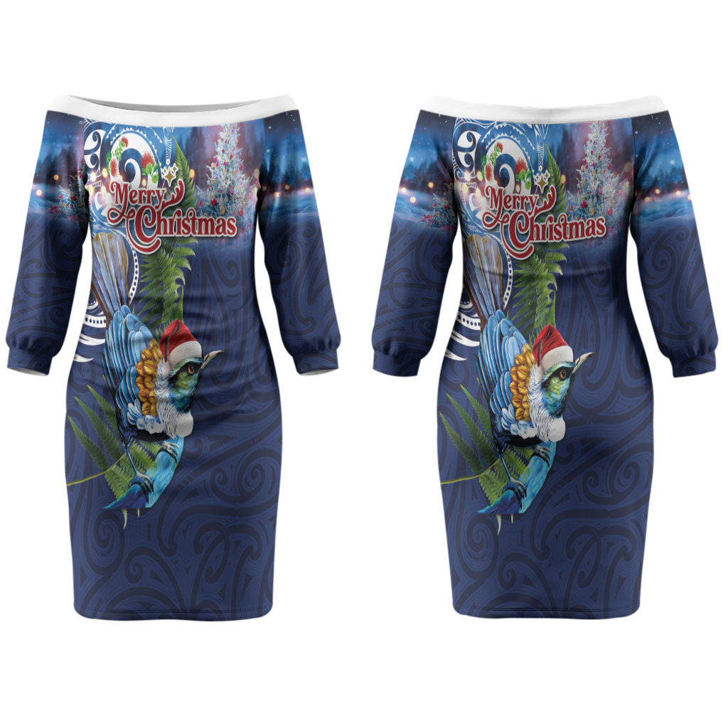 New Zealand Merry Christmas Couples Matching Off The Shoulder Long Sleeve Dress and Long Sleeve Button Shirt Maori Tribal Pattern with Xmas Tui Bird LT03 - Polynesian Pride