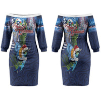 New Zealand Merry Christmas Couples Matching Off The Shoulder Long Sleeve Dress and Long Sleeve Button Shirt Maori Tribal Pattern with Xmas Tui Bird LT03 - Polynesian Pride