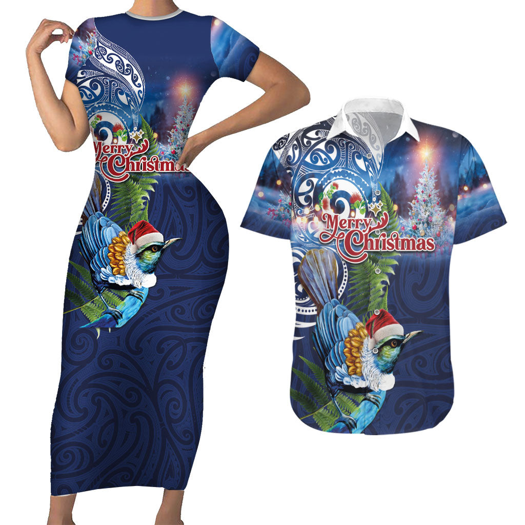 New Zealand Merry Christmas Couples Matching Short Sleeve Bodycon Dress and Hawaiian Shirt Maori Tribal Pattern with Xmas Tui Bird