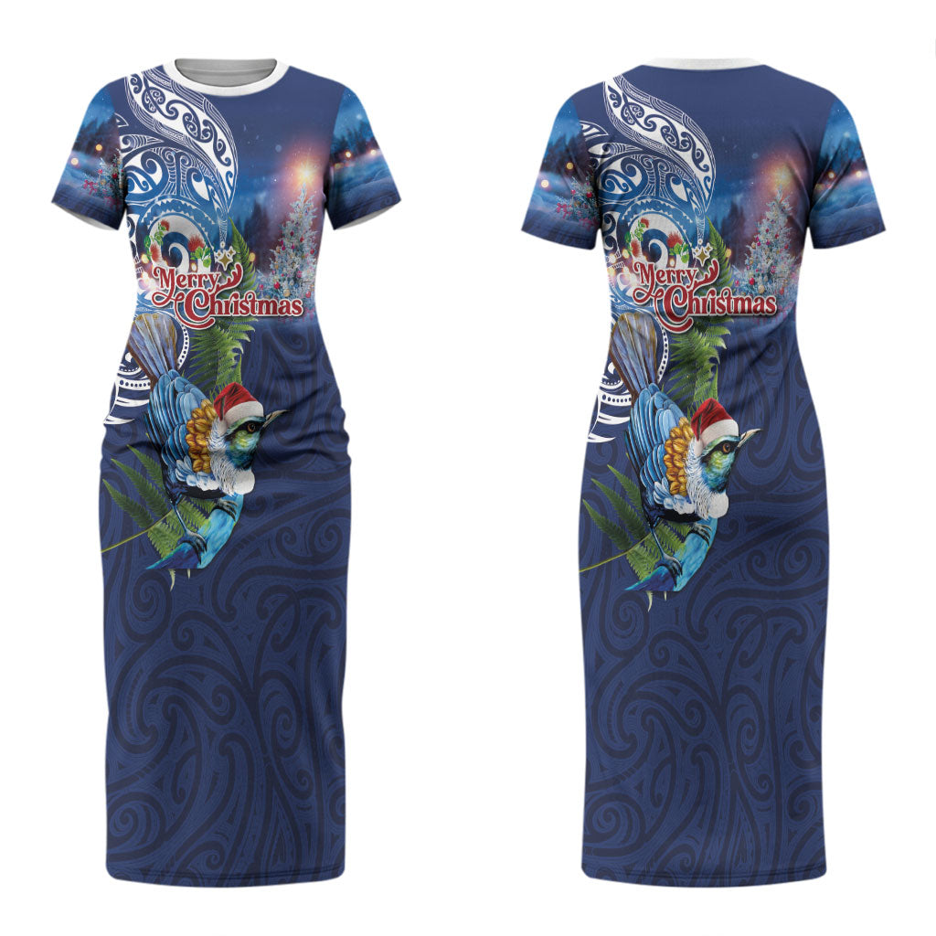 New Zealand Merry Christmas Couples Matching Short Sleeve Bodycon Dress and Long Sleeve Button Shirt Maori Tribal Pattern with Xmas Tui Bird LT03 - Polynesian Pride