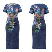 New Zealand Merry Christmas Couples Matching Short Sleeve Bodycon Dress and Long Sleeve Button Shirt Maori Tribal Pattern with Xmas Tui Bird LT03 - Polynesian Pride