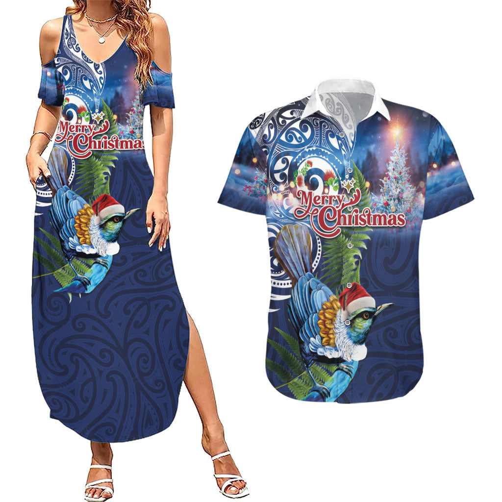 New Zealand Merry Christmas Couples Matching Summer Maxi Dress and Hawaiian Shirt Maori Tribal Pattern with Xmas Tui Bird LT03 Multicolor - Polynesian Pride