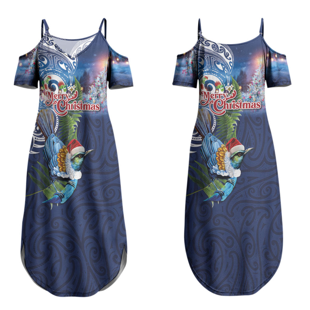 New Zealand Merry Christmas Couples Matching Summer Maxi Dress and Hawaiian Shirt Maori Tribal Pattern with Xmas Tui Bird LT03 - Polynesian Pride