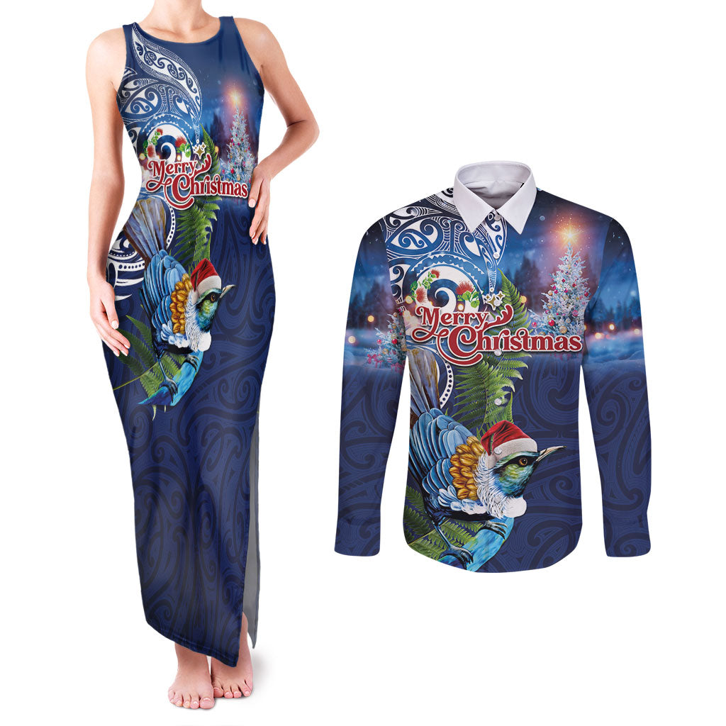 New Zealand Merry Christmas Couples Matching Tank Maxi Dress and Long Sleeve Button Shirt Maori Tribal Pattern with Xmas Tui Bird LT03 Multicolor - Polynesian Pride