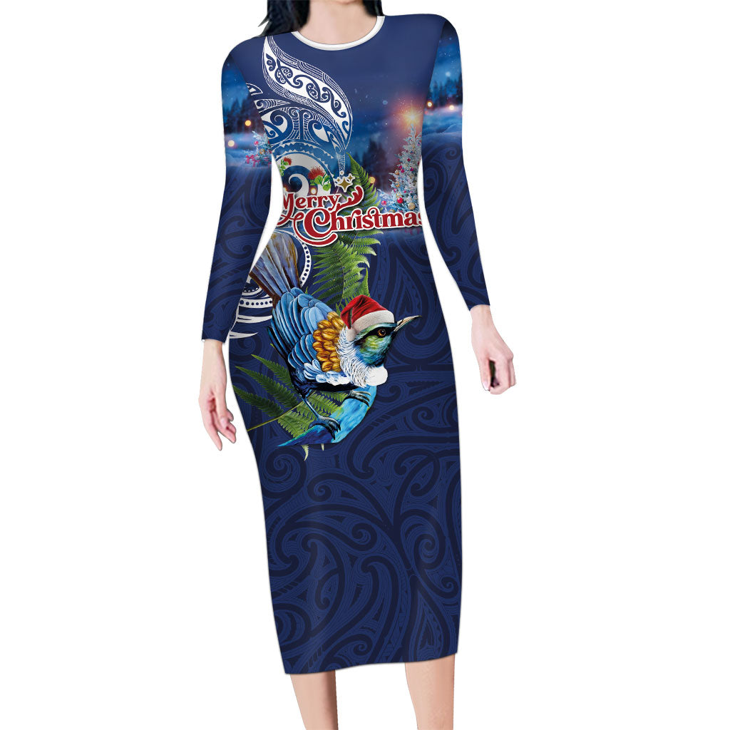 New Zealand Merry Christmas Family Matching Long Sleeve Bodycon Dress and Hawaiian Shirt Maori Tribal Pattern with Xmas Tui Bird LT03 Mom's Dress Multicolor - Polynesian Pride
