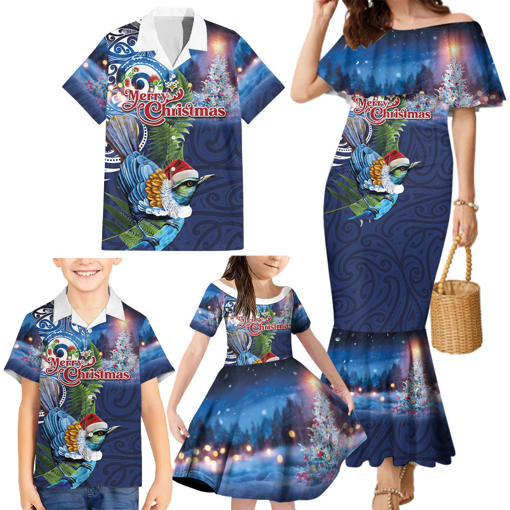 New Zealand Merry Christmas Family Matching Mermaid Dress and Hawaiian Shirt Maori Tribal Pattern with Xmas Tui Bird