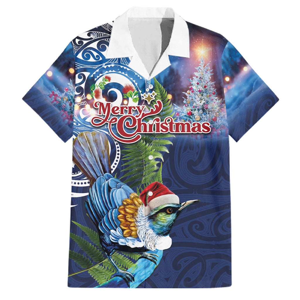 New Zealand Merry Christmas Family Matching Off The Shoulder Long Sleeve Dress and Hawaiian Shirt Maori Tribal Pattern with Xmas Tui Bird LT03 Dad's Shirt - Short Sleeve Multicolor - Polynesian Pride