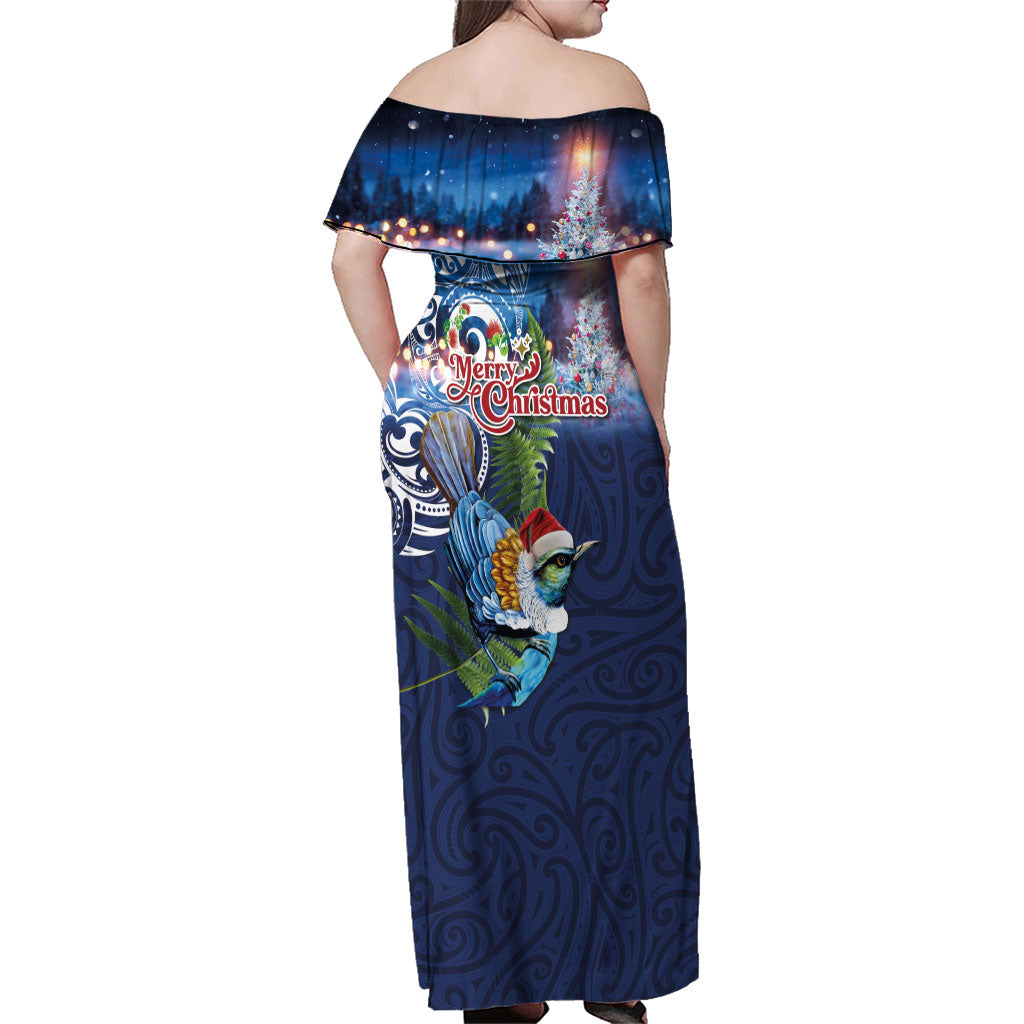 New Zealand Merry Christmas Family Matching Off Shoulder Maxi Dress and Hawaiian Shirt Maori Tribal Pattern with Xmas Tui Bird LT03 - Polynesian Pride