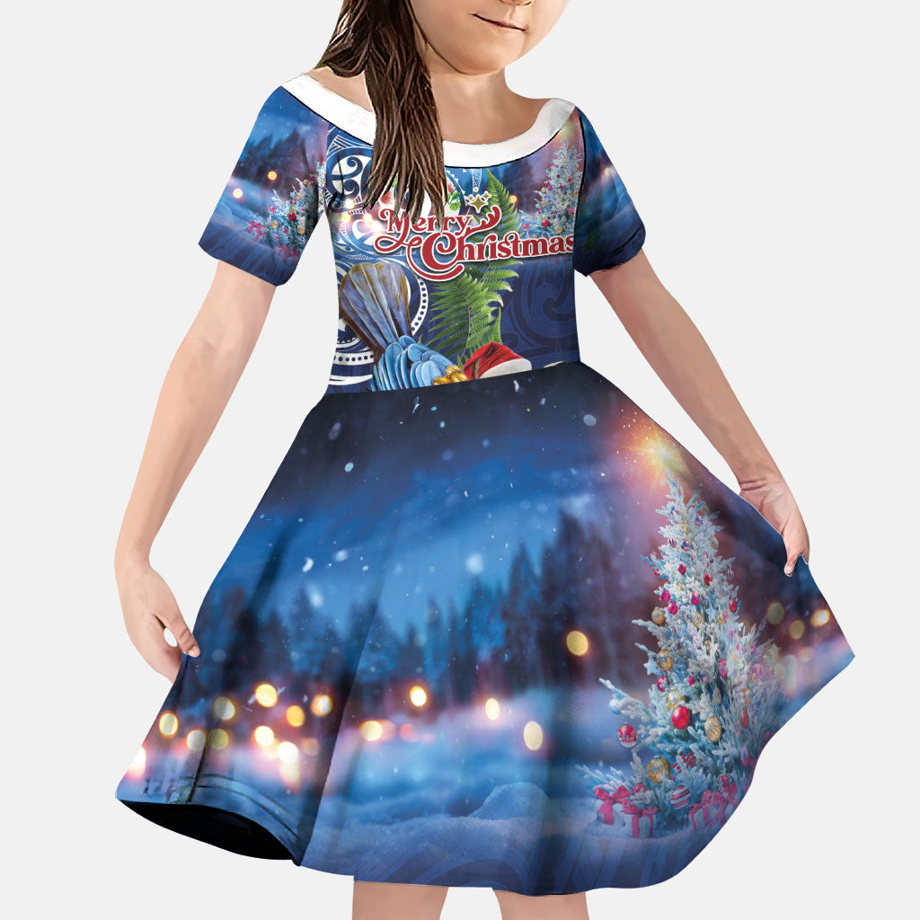 New Zealand Merry Christmas Family Matching Off Shoulder Short Dress and Hawaiian Shirt Maori Tribal Pattern with Xmas Tui Bird LT03 Daughter's Dress Multicolor - Polynesian Pride