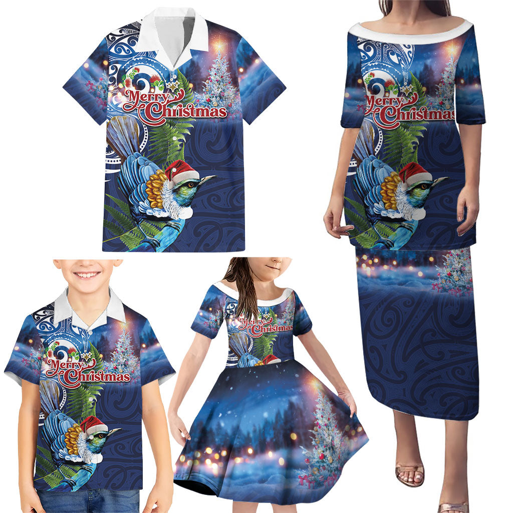 New Zealand Merry Christmas Family Matching Puletasi and Hawaiian Shirt Maori Tribal Pattern with Xmas Tui Bird